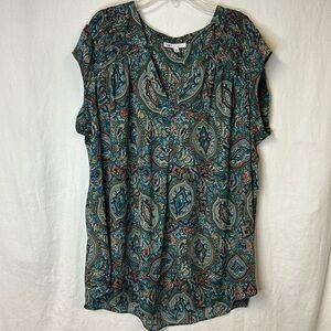 DR 2 Women’s Sleeveless Tunic Top Size 1X Gorgeous Teal Print Flowy